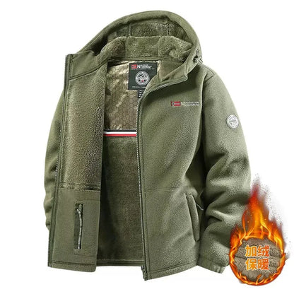Men's outdoor fleece jacket with hood and zip closure, lined