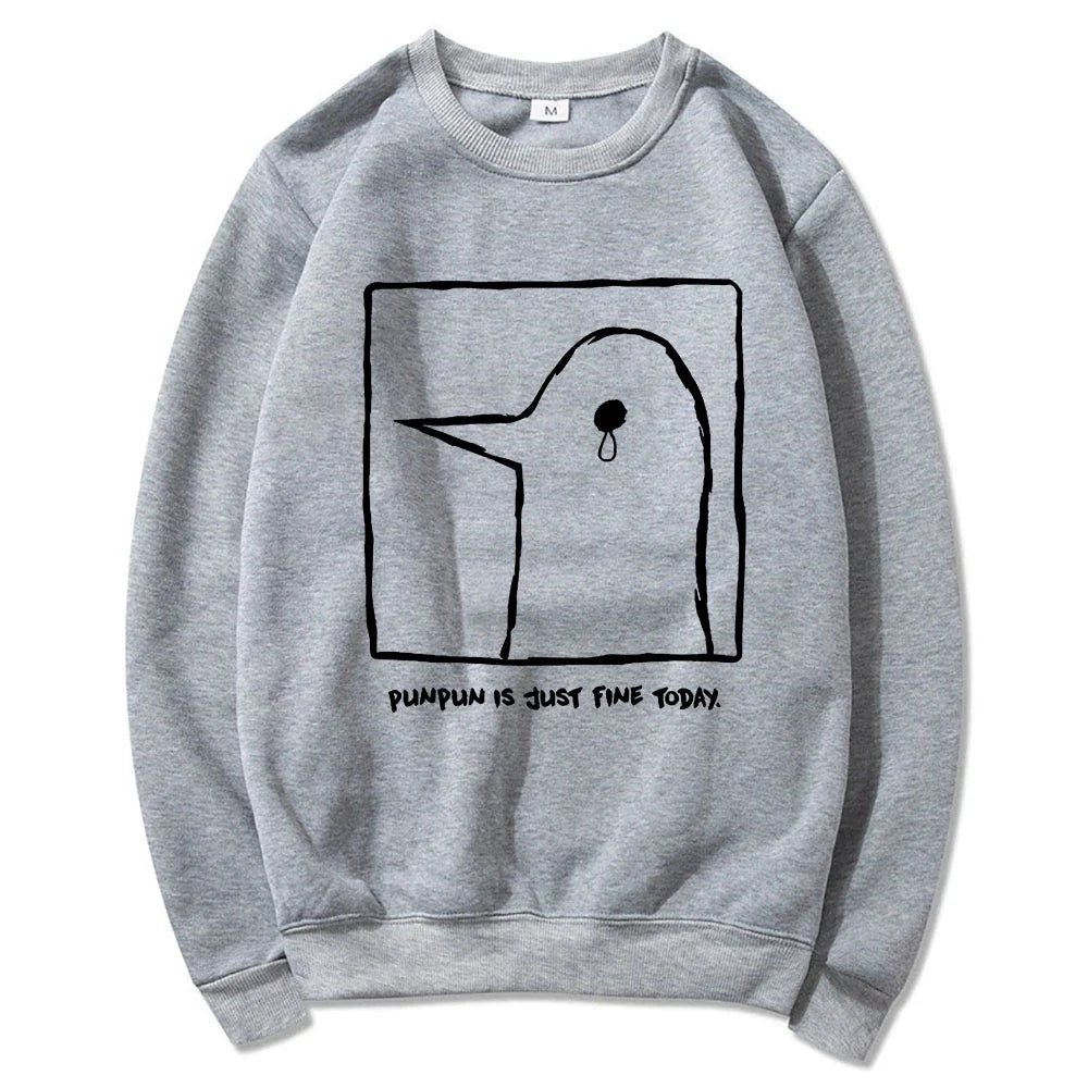Hoodie or sweatshirt with cartoon bird motif, "Punpun is just fine today" print