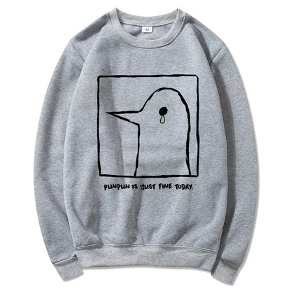 Hoodie or sweatshirt with cartoon bird motif, "Punpun is just fine today" print