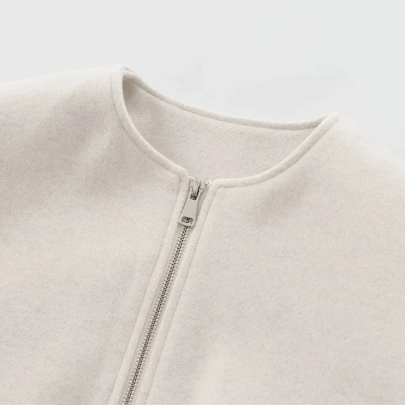 Damen Bomberjacke kurz Rundhals Grau Beige mit Reißverschluss und Seitentaschen