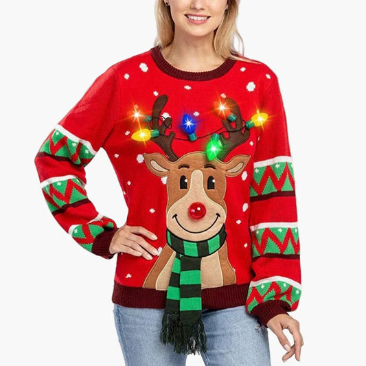 Damen Weihnachts-Pullover mit Rentier und LED-Lichtern – Lustiger Festlicher Strickpullover für Party & Alltag