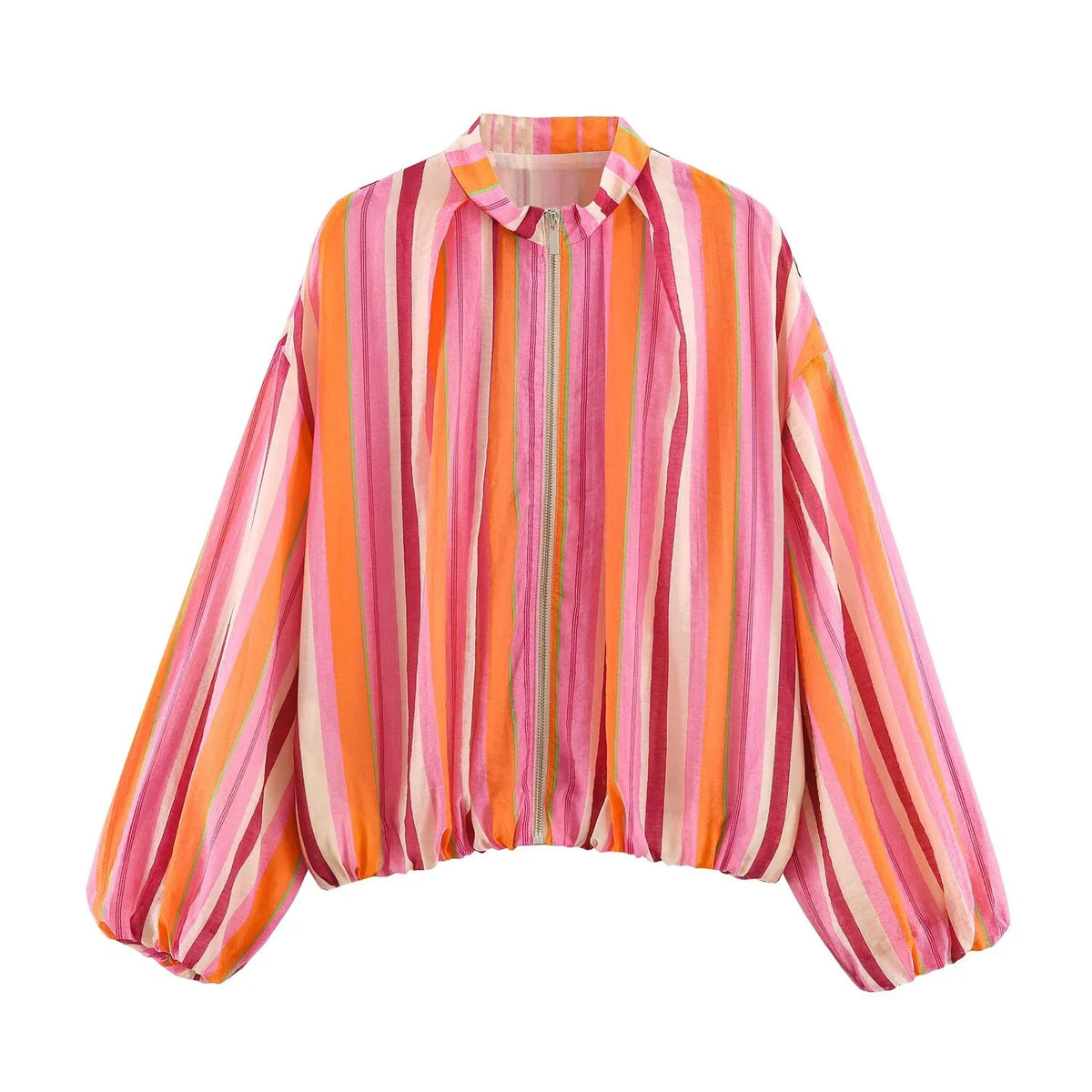 Damen Bluse Jacke Stehkragen Reißverschluss Bauschärmel Gestreift