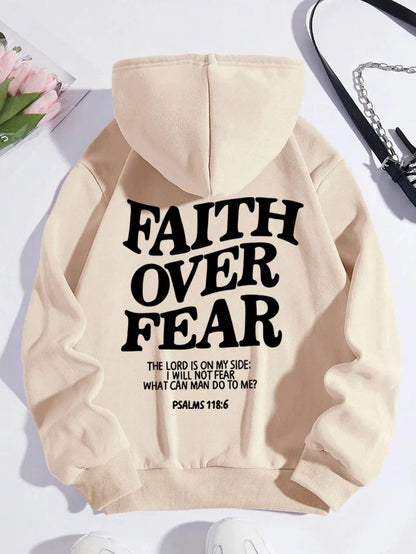 Hoodie with "Faith Over Fear" lettering and Bible quote, oversized hoodie