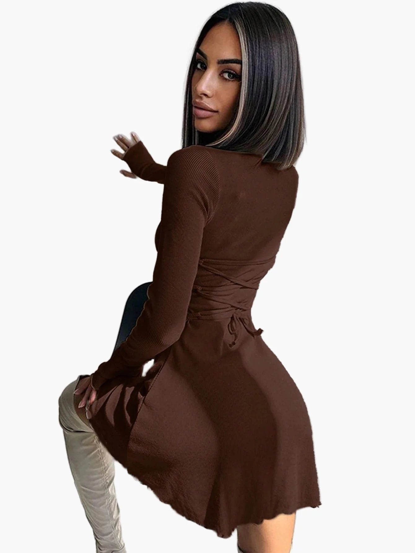 Damen Langarm Minikleid Figurbetont Elegant für Alltag und Ausgehen