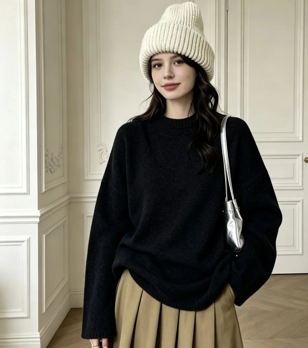 Women's oversized crew-neck long-sleeve knitted sweater