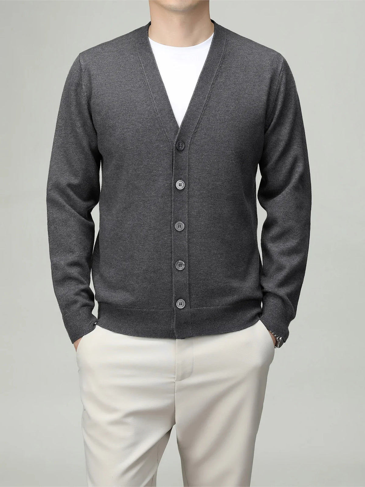 Men's V-neck cardigan with button placket, plain