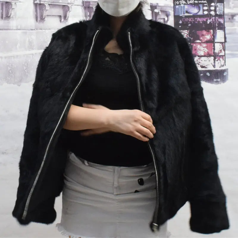 Women's short jacket with stand collar and long sleeves