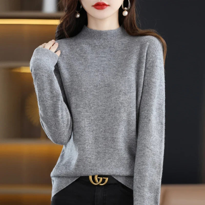 Women's sweater with stand-up collar, long-sleeved, fine-knit basic top