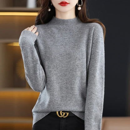 Women's sweater with stand-up collar, long-sleeved, fine-knit basic top