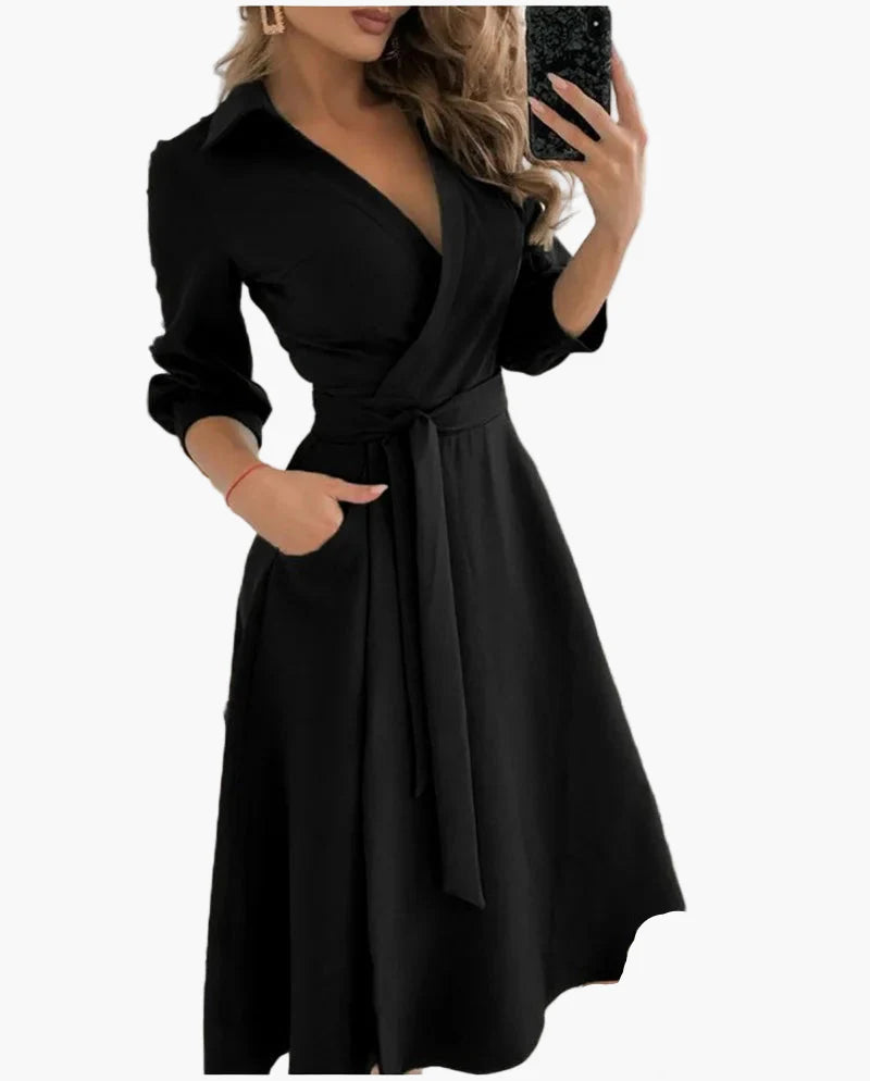 Damen Elegantes Wickelkleid mit Gürtel und Kragen – Perfekt für Büro und Alltag