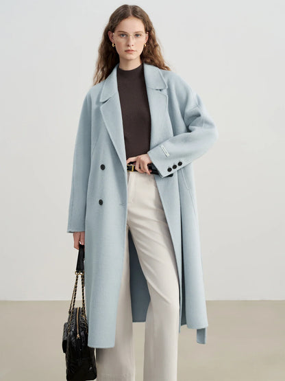 Women's long double-breasted coat, light blue