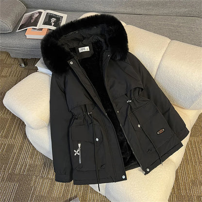 Women's winter parka with hood, faux-fur lining, drawstring, warm jacket