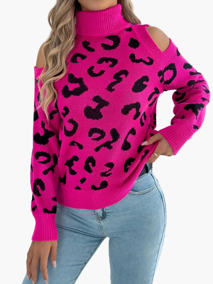 Damen Pullover mit Leopardenmuster und Cut-Out Schultern – Trendiger Freizeit-Strickpullover
