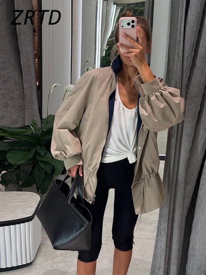 Women's beige jacket with drawstring and blouson sleeves