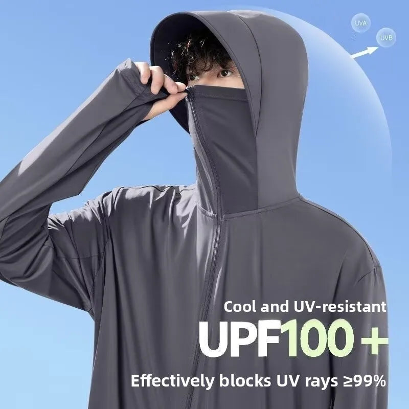 UV-protection jacket with hood and face mask, zipper, for men