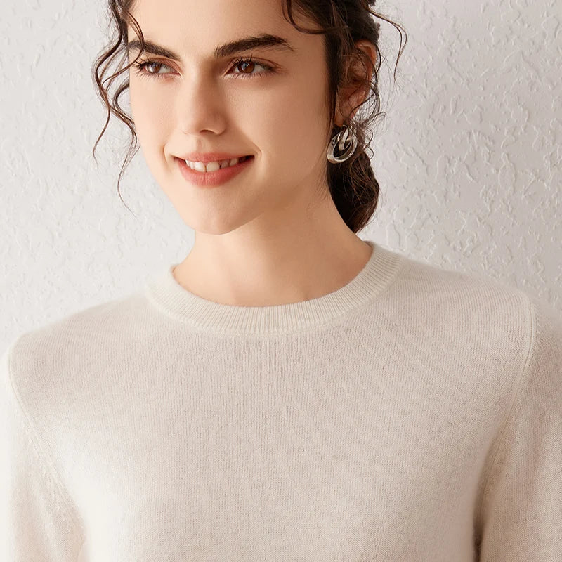 Women's crew-neck long-sleeve basic knitted sweater, cozy pullover