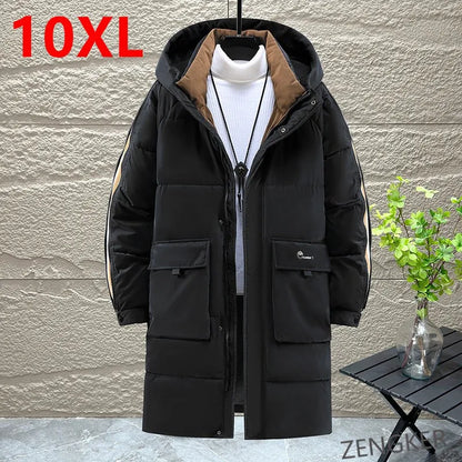 Long men's winter padded coat with hood in black