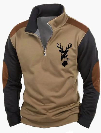 Men's outdoor sweatshirt with wildlife print and stand-up collar – leisure & hunting