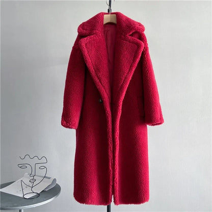 Damen Teddyfell-Mantel Lang Zweireihig Beige Winter