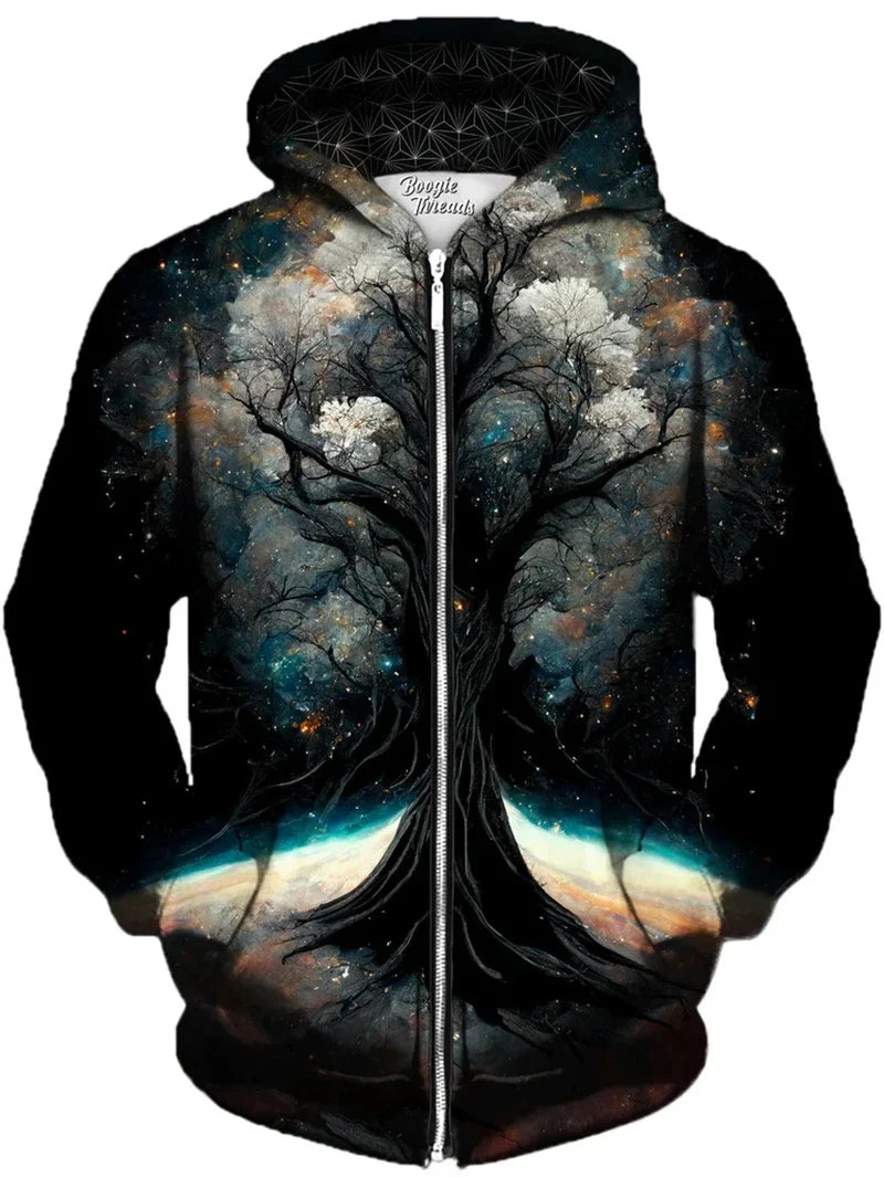 Zip-Up Hoodie with Colorful Tree Print