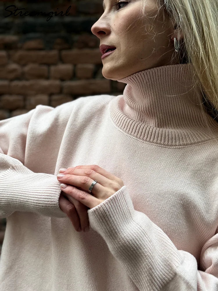 Women's oversized turtleneck knitted sweater long sleeves