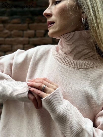 Women's oversized turtleneck knitted sweater long sleeves