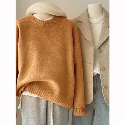 Ribbed crew-neck knit sweater, loose fit, multicolored