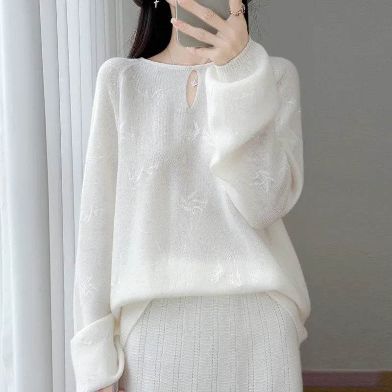 Damen Pullover Langarm Rundhals mit Cut-Out und Muster