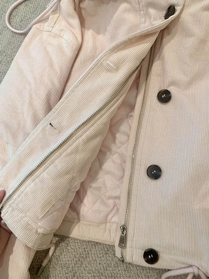 Women's corduroy jacket with hood and teddy lining, light pink
