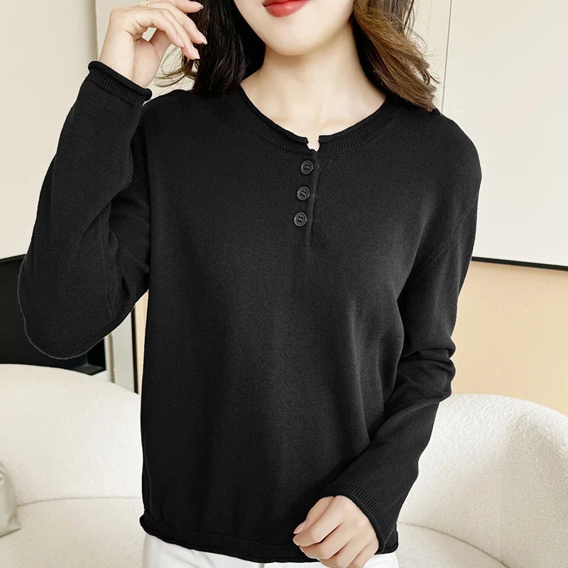 Women's Henley Shirt with Button Placket, Long Sleeves, Crew Neck, Fine Knit, Purple