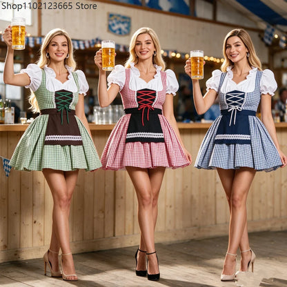 Damen Karo Dirndl Kleid mit Schürze und Bluse Kurzarm