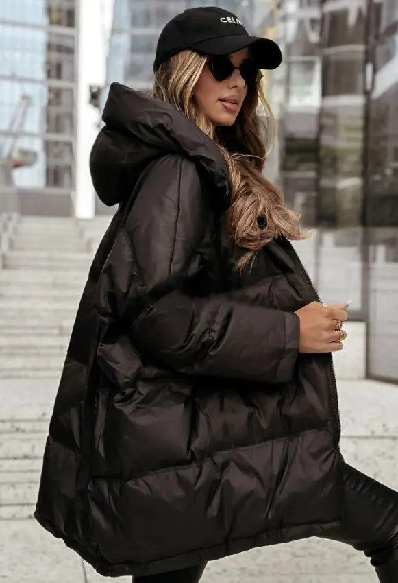 Damen Steppjacke mit Kapuze, Oversized Pufferjacke Schwarz