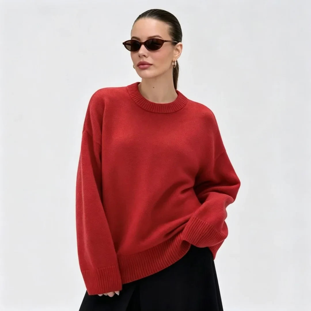 Women's Oversized Crewneck Sweater with Ribbed Cuffs, Loose-Fit Knit