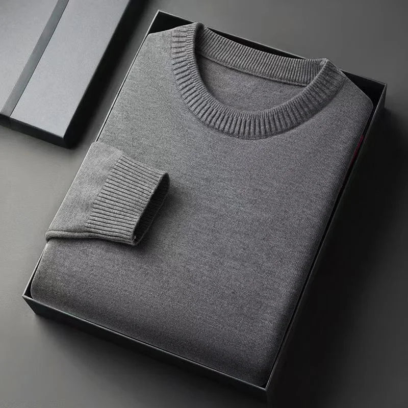 Unisex solid-color rib-knit crew-neck sweater with ribbed cuffs
