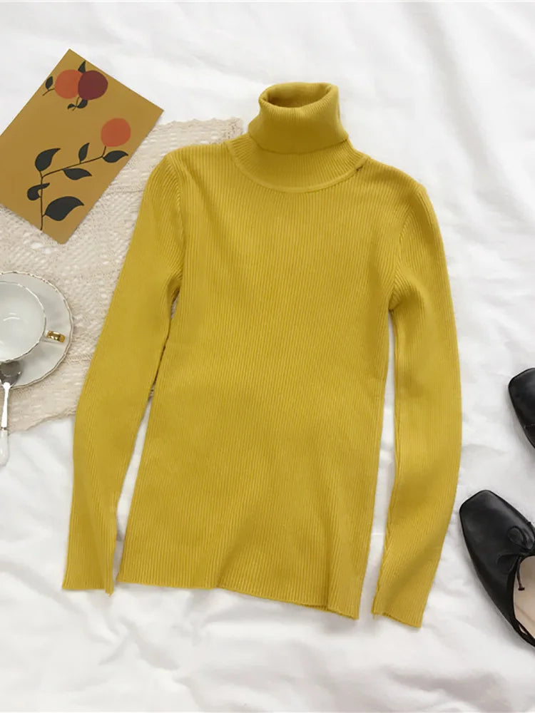 Gerippter Damen Rollkragenpullover Langarm Slim Fit Strickoberteil
