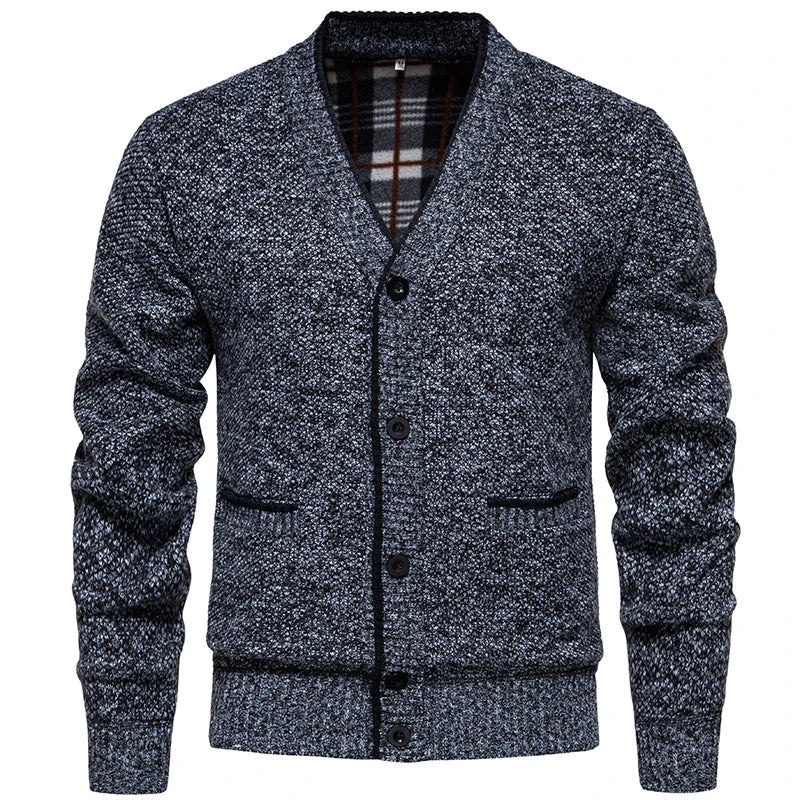 Herren Strickjacke V-Ausschnitt Knopfleiste Mottiert Grau