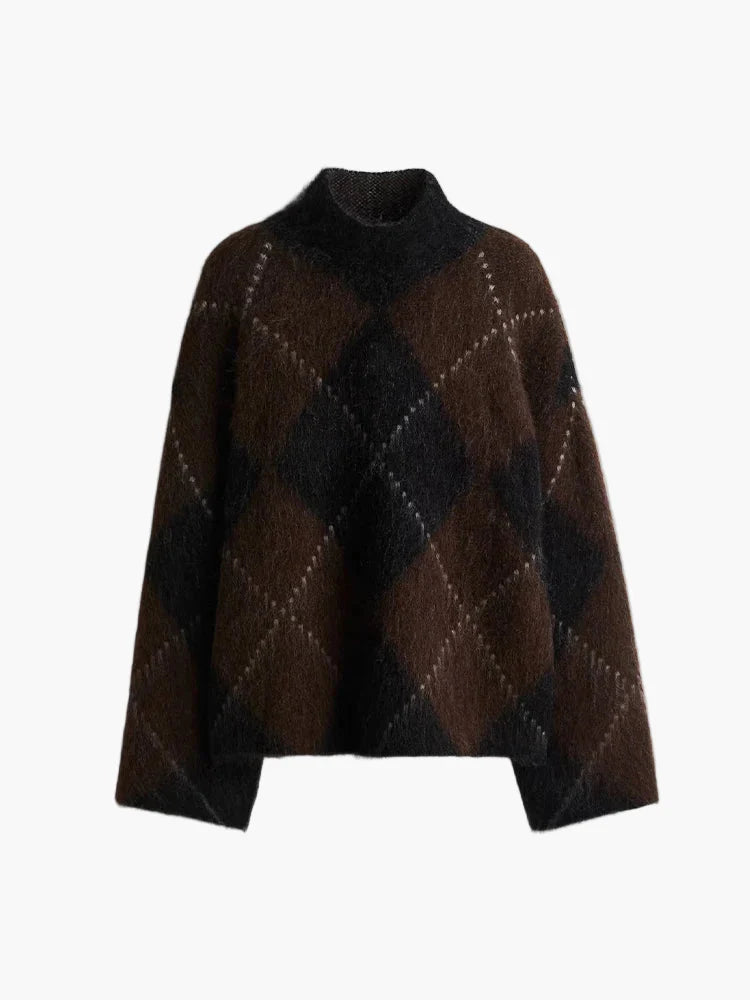 Damen Oversize Strickpullover mit Argyle-Muster – Modischer Freizeit-Look für Herbst und Winter