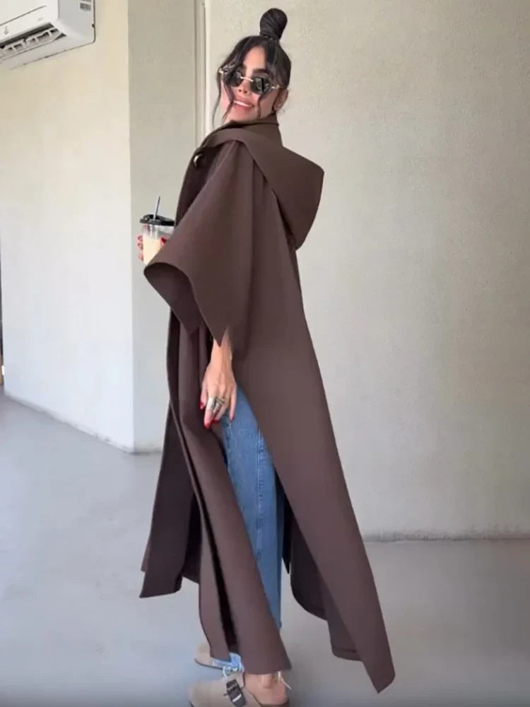 Women's long brown coat with loose oversized fit