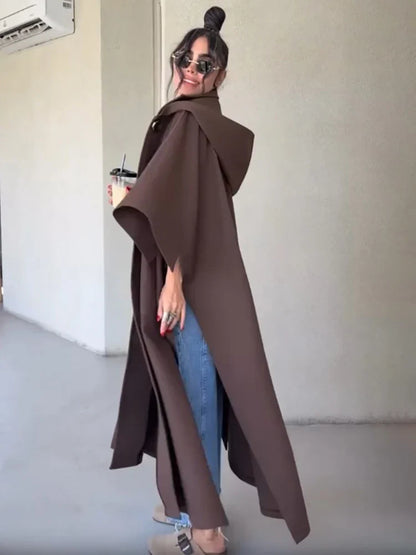 Women's long brown coat with loose oversized fit