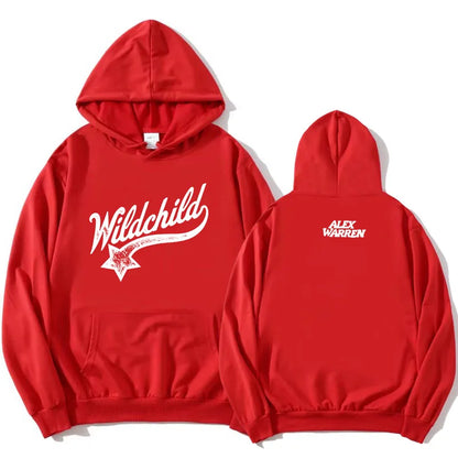 Unisex red hoodie with "Wildchild" star and text print