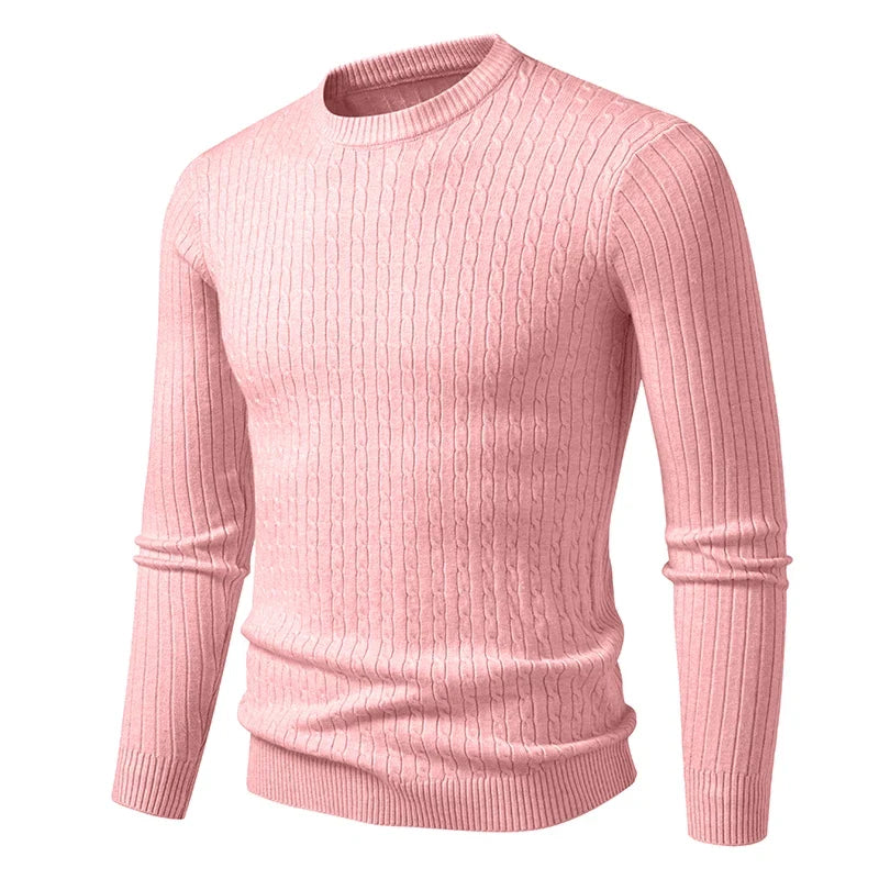 Men's knitted crew-neck cable-knit long-sleeve sweater