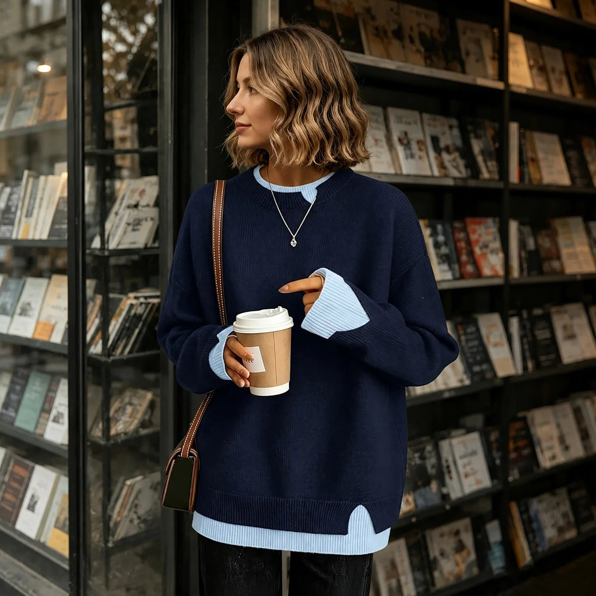 Women's long-sleeve crew-neck sweater with cable-knit look and side slits