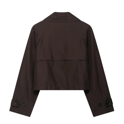 Short women's double-breasted trench coat jacket with wide collar