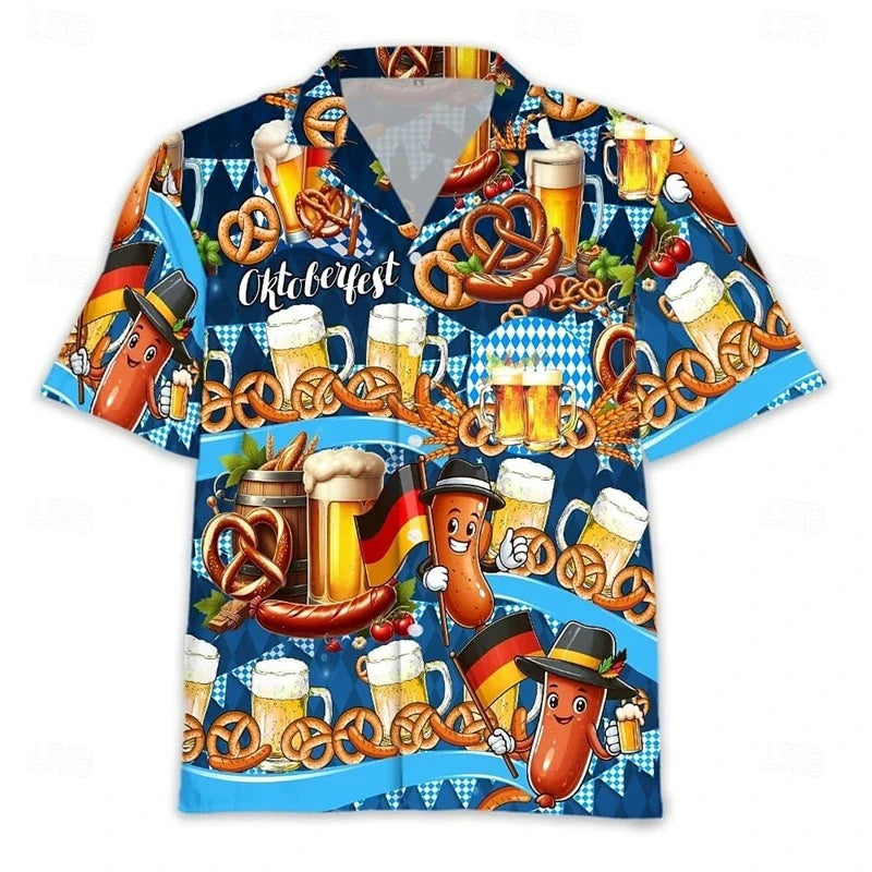 Men's Oktoberfest shirt, short sleeves, beer, pretzel, and sausage design