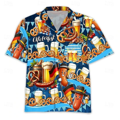 Men's Oktoberfest shirt, short sleeves, beer, pretzel, and sausage design
