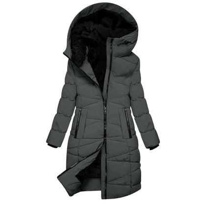 Damen Winter Steppmantel Lang mit Kapuze – Winddichte Daunenjacke mit Reißverschluss, Modisch & Warm