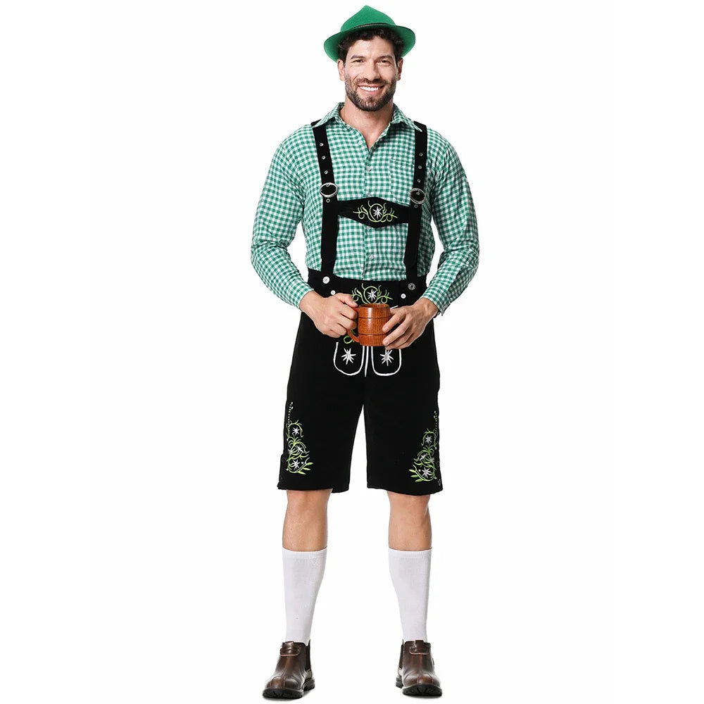 Men's traditional leather pants set with shirt and suspenders, black or brown