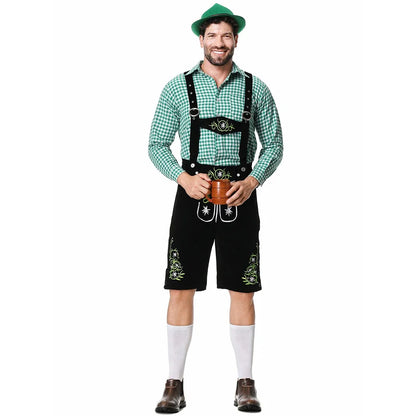 Men's traditional leather pants set with shirt and suspenders, black or brown
