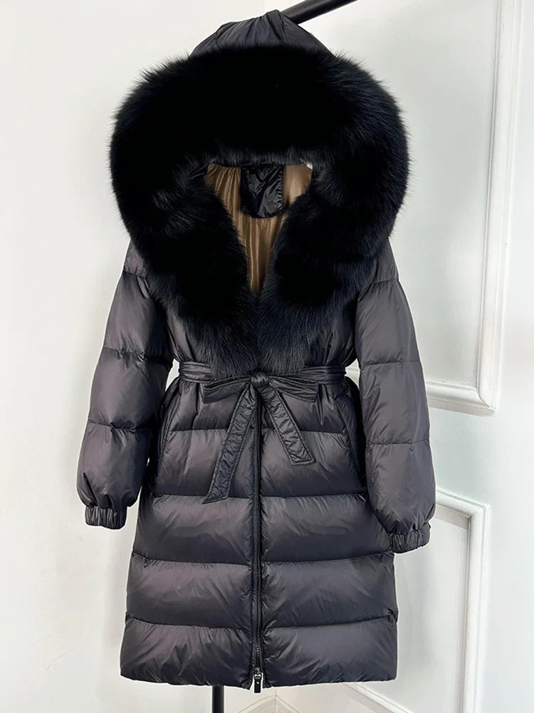 Women's black down coat with fur hood, long winter coat, belt, warm jacket