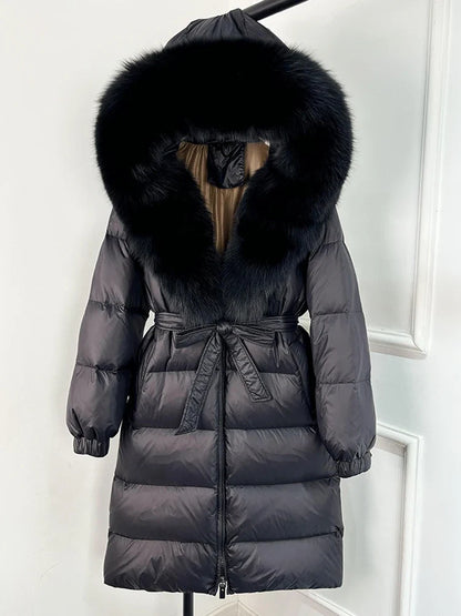 Women's black down coat with fur hood, long winter coat, belt, warm jacket